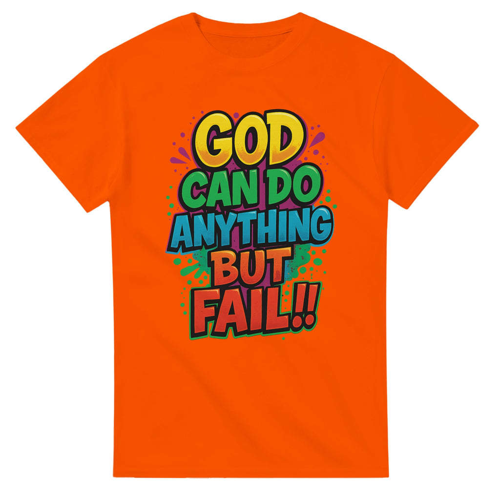 Orange t-shirt with colorful text design on a white background