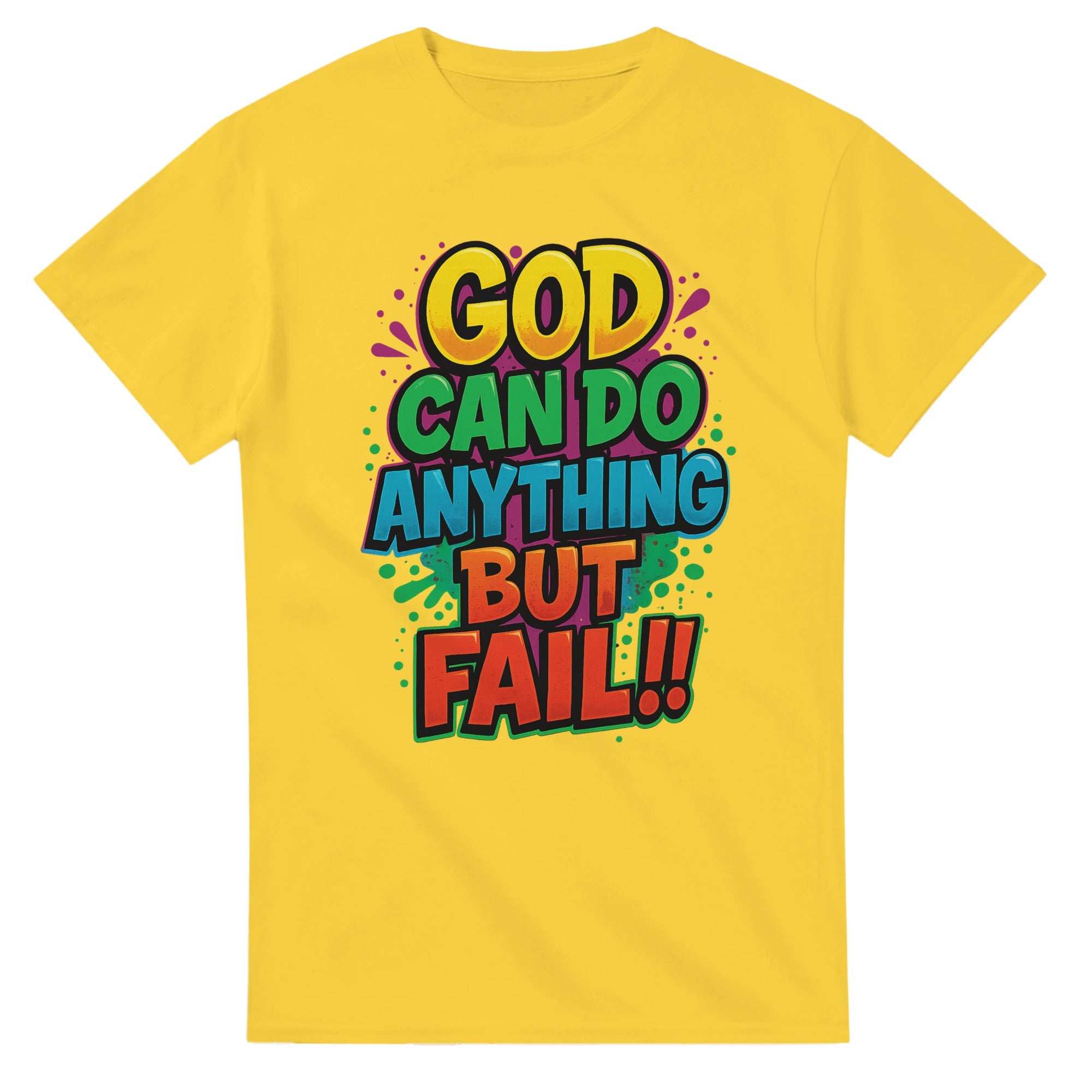 Yellow t-shirt with colorful text design on a white background