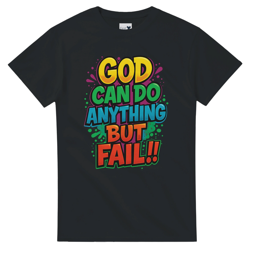 Black t-shirt with colorful text design on a white background