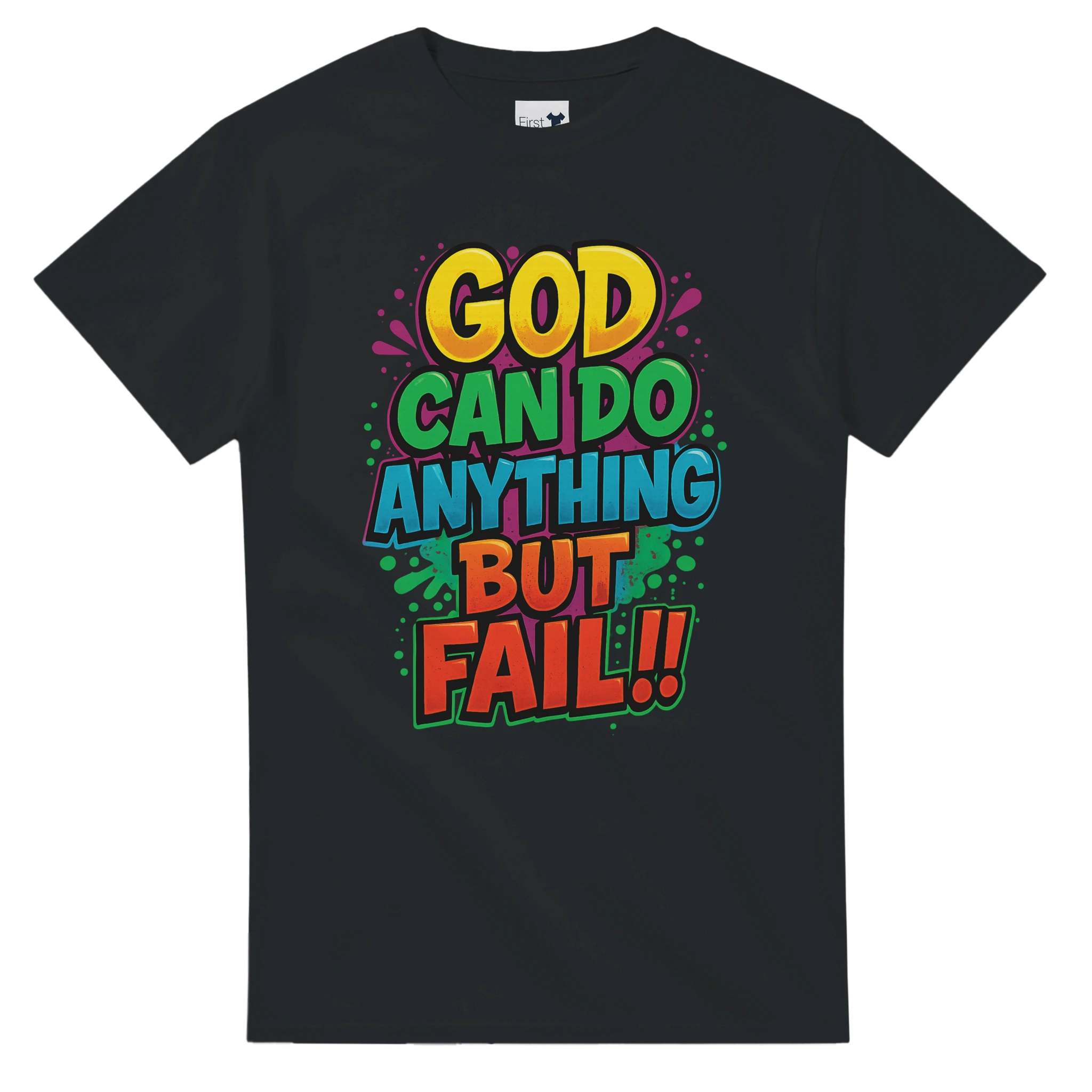Black t-shirt with colorful text design on a white background