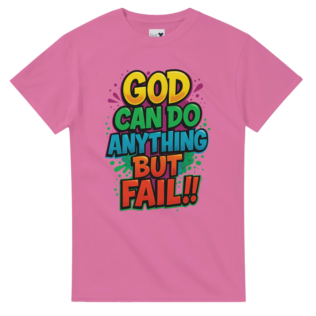 Pink t-shirt with colorful text design on a white background