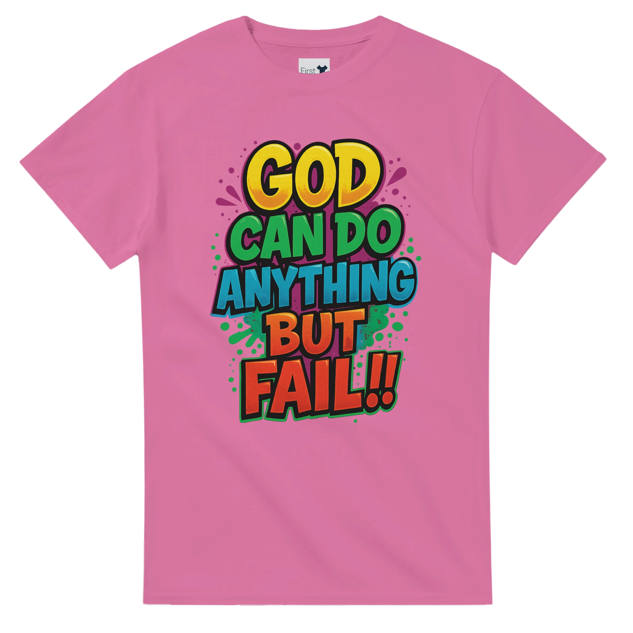Pink t-shirt with colorful text design on a white background