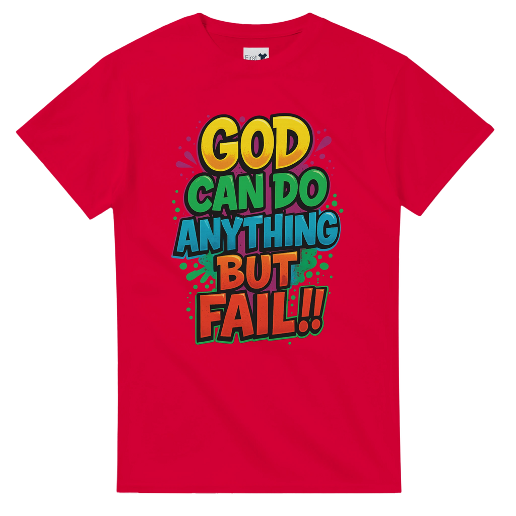 Red t-shirt with colorful text 'GOD CAN DO ANYTHING BUT FAIL!!' on a white background