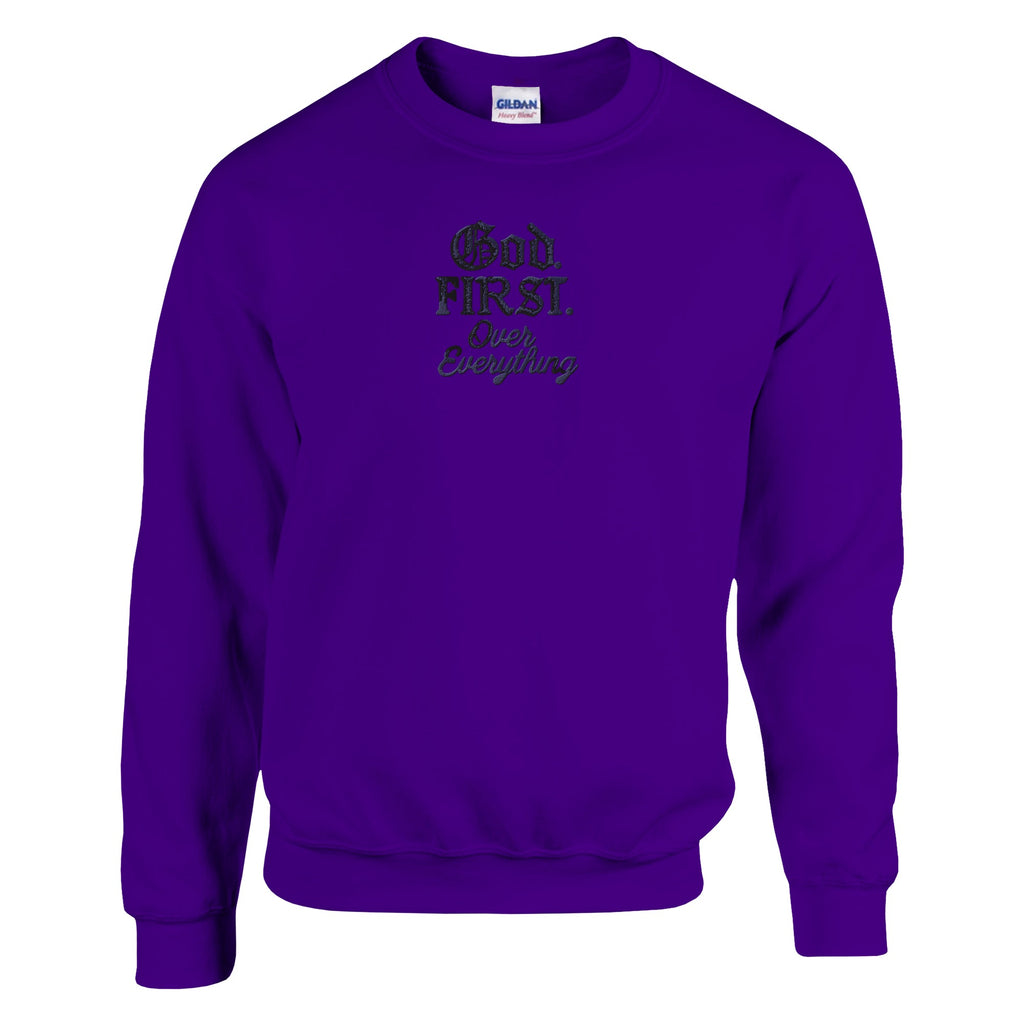 Purple sweatshirt with text on a white background
