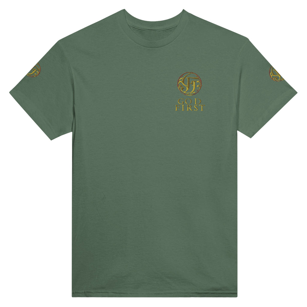 Green t-shirt with a logo and text on a white background