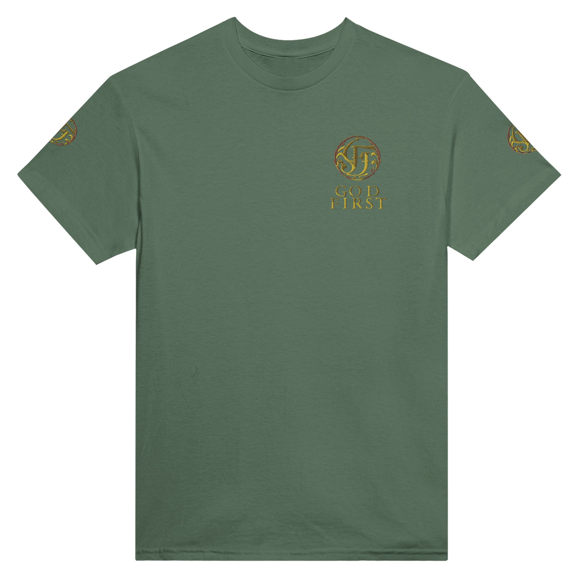 Green t-shirt with a logo and text on a white background