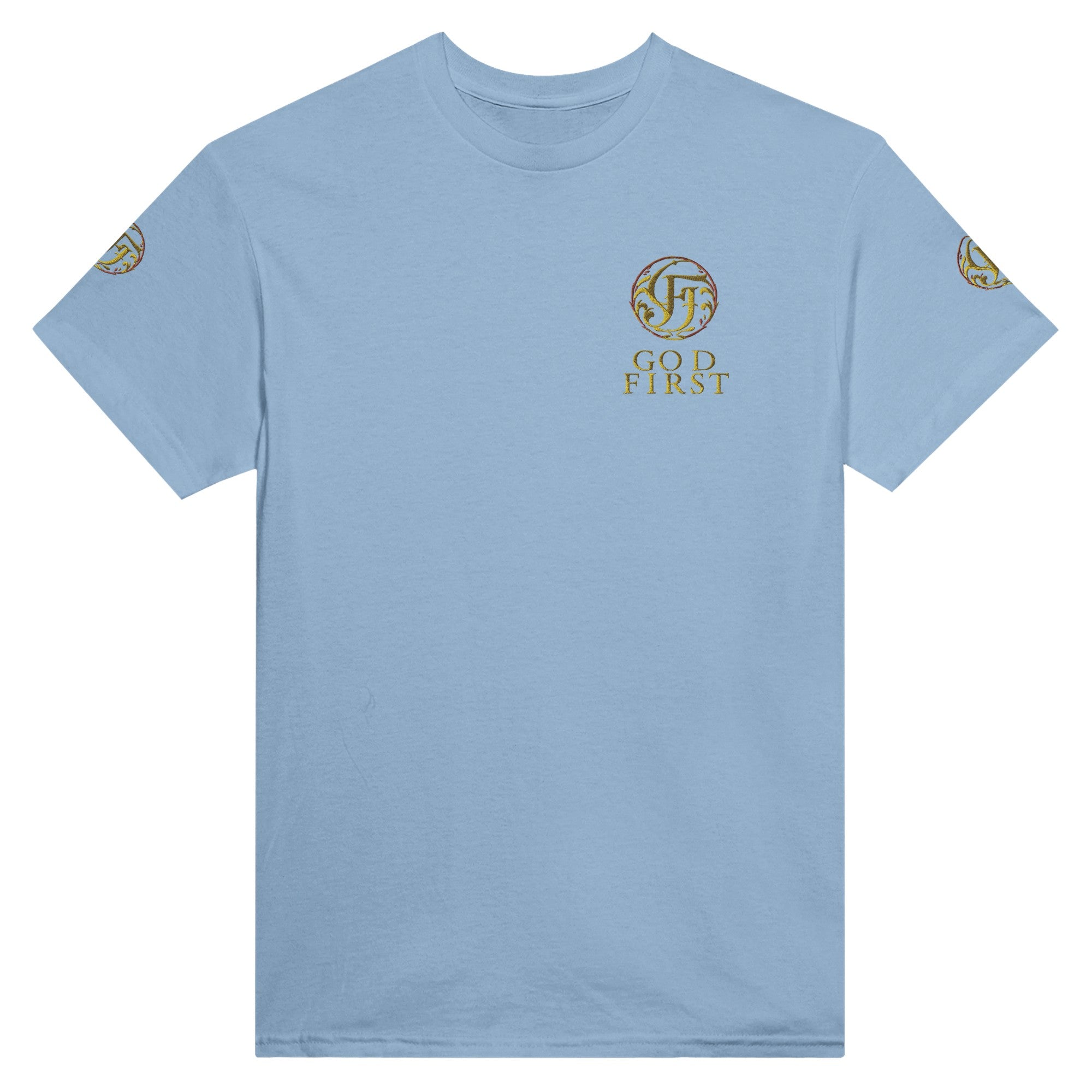 Light blue t-shirt with 'God First' logo on a white background
