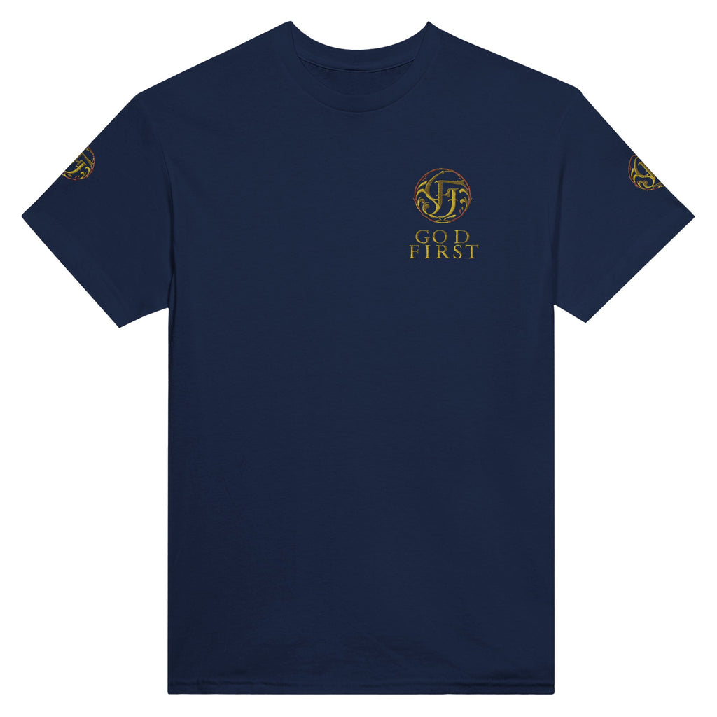 Navy blue t-shirt with gold logo and text on a white background