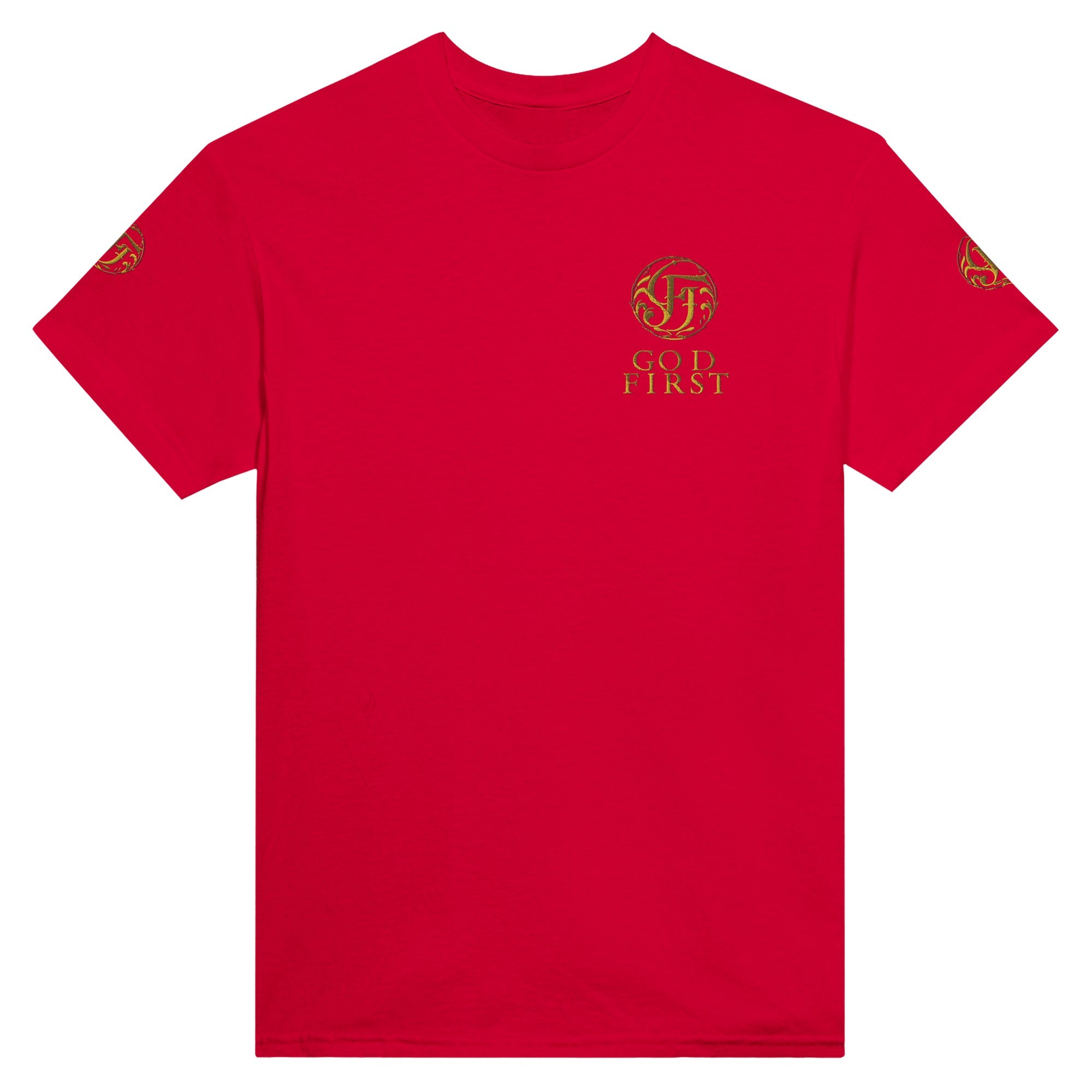 Red t-shirt with gold logo and text on a white background