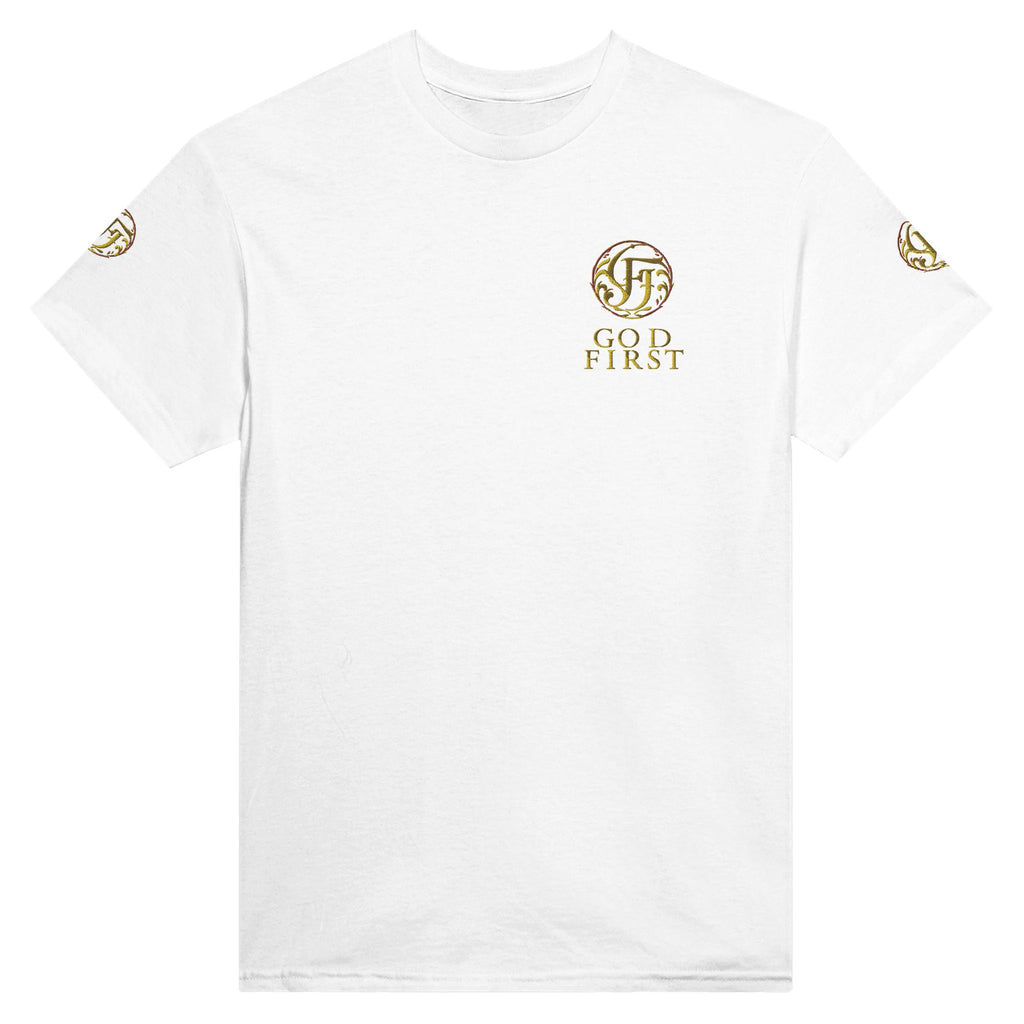 White t-shirt with gold logo and text on a white background