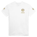 White t-shirt with gold logo and text on a white background