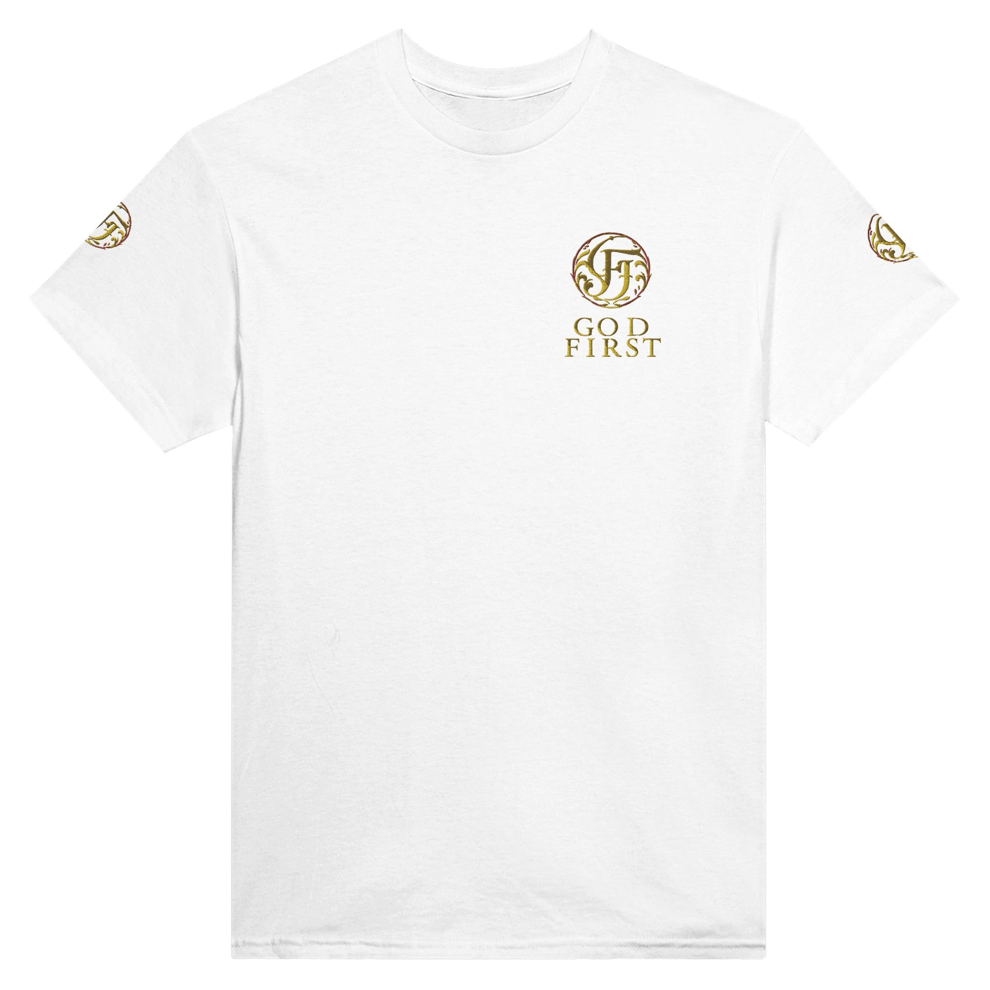 White t-shirt with gold logo and text on a white background