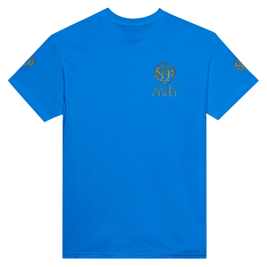 Blue t-shirt with a logo and text on a white background