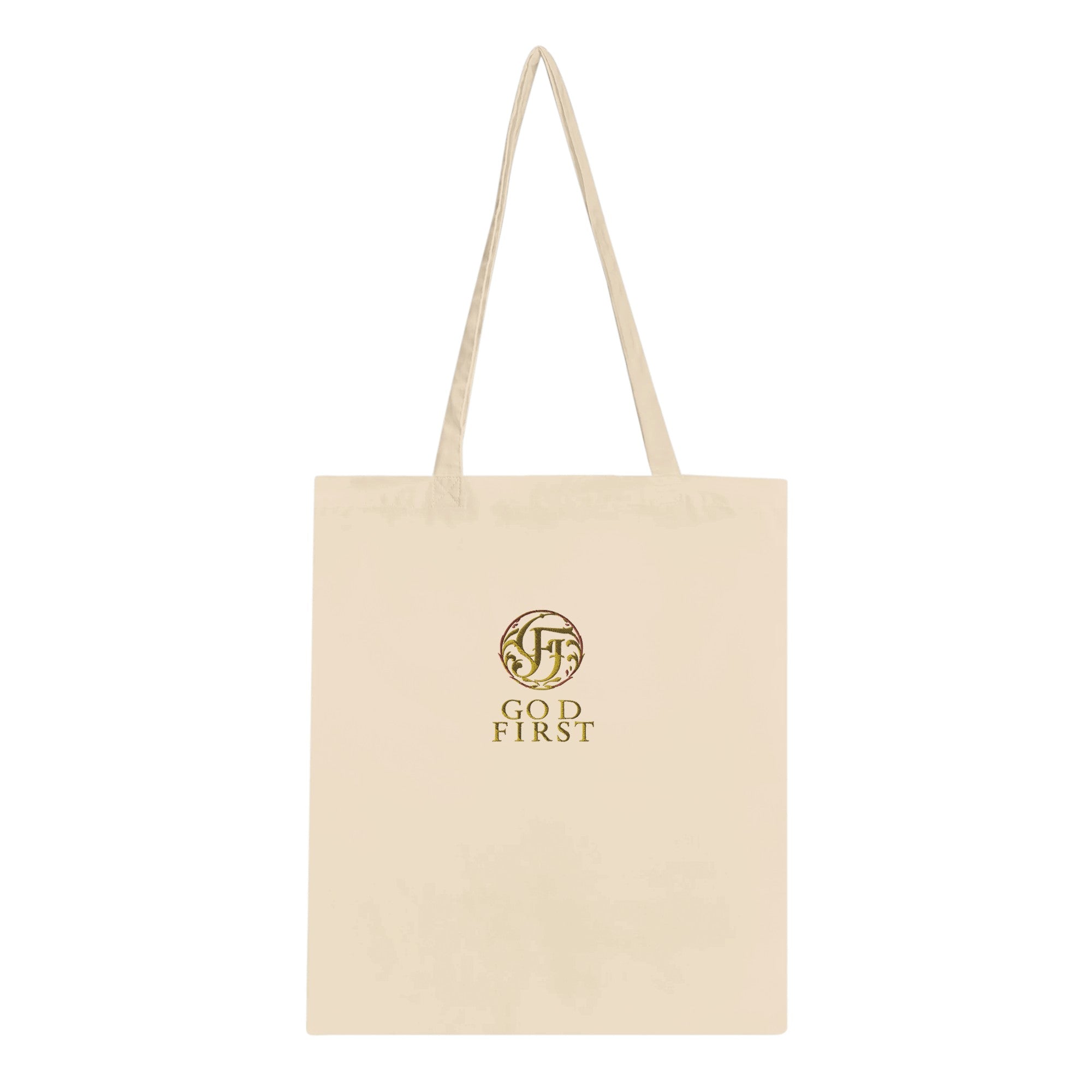 Beige tote bag with gold logo and text on a white background
