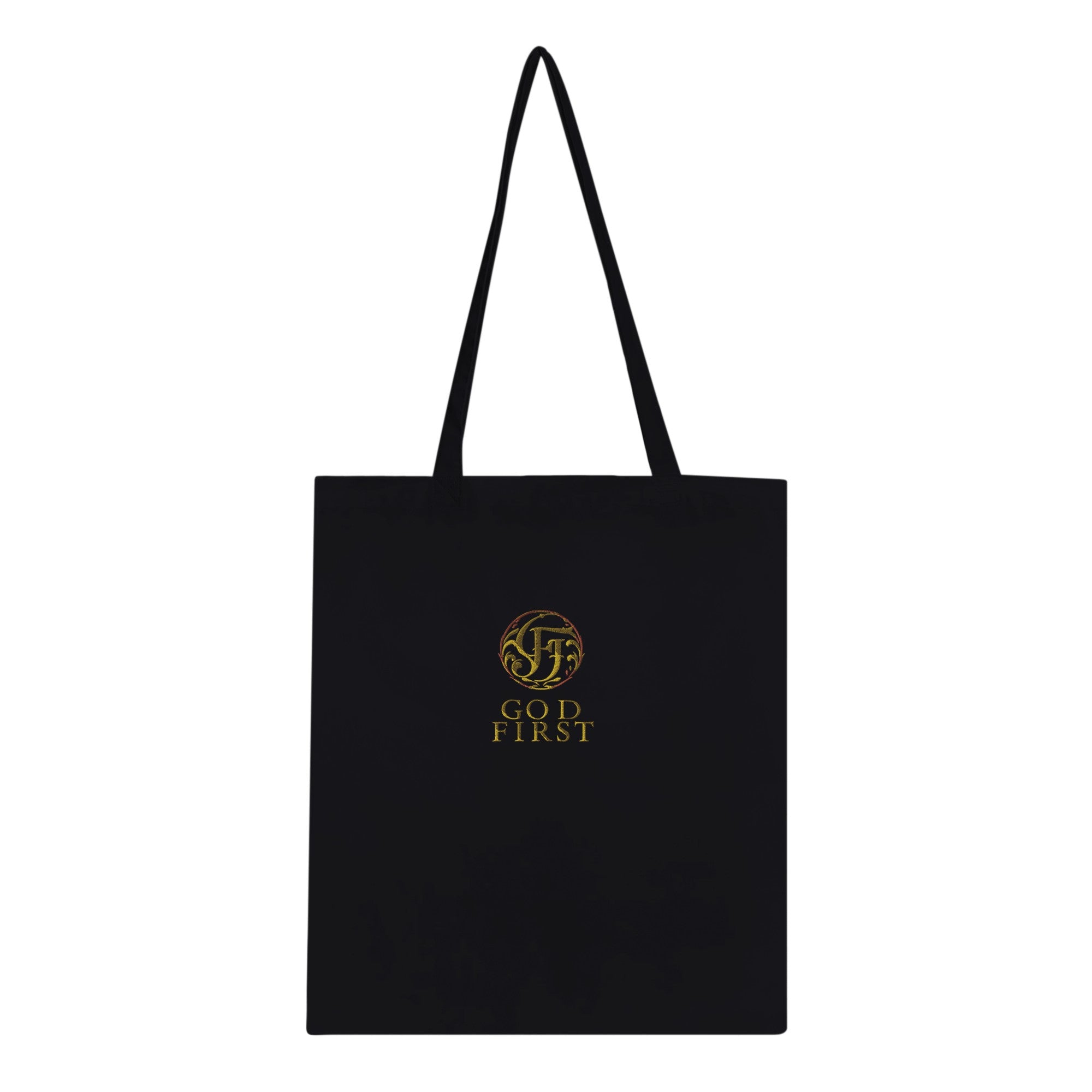 Black tote bag with gold logo and text on a white background