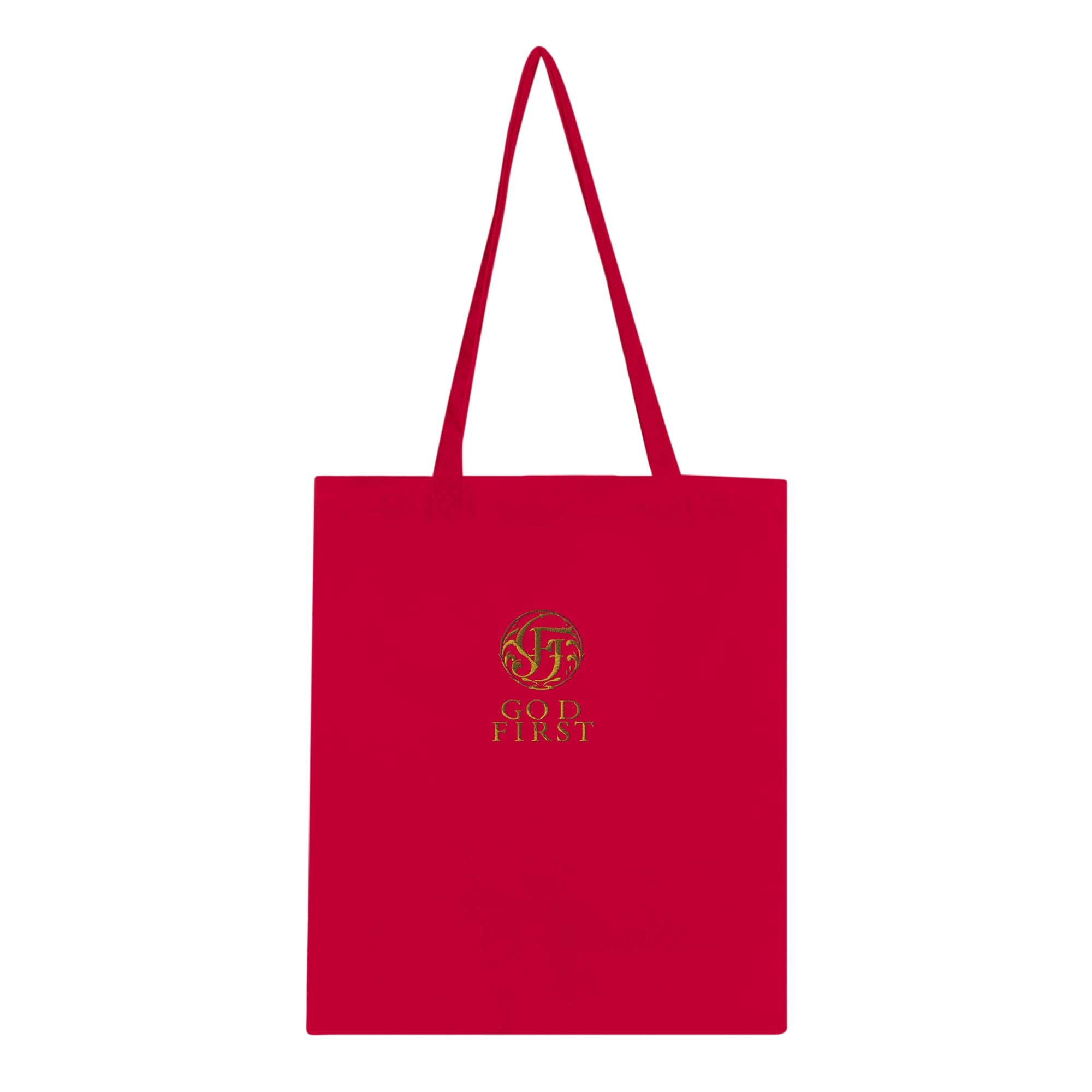 Red tote bag with a gold logo and text on a white background