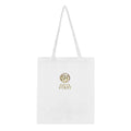 White tote bag with gold logo and text on a white background