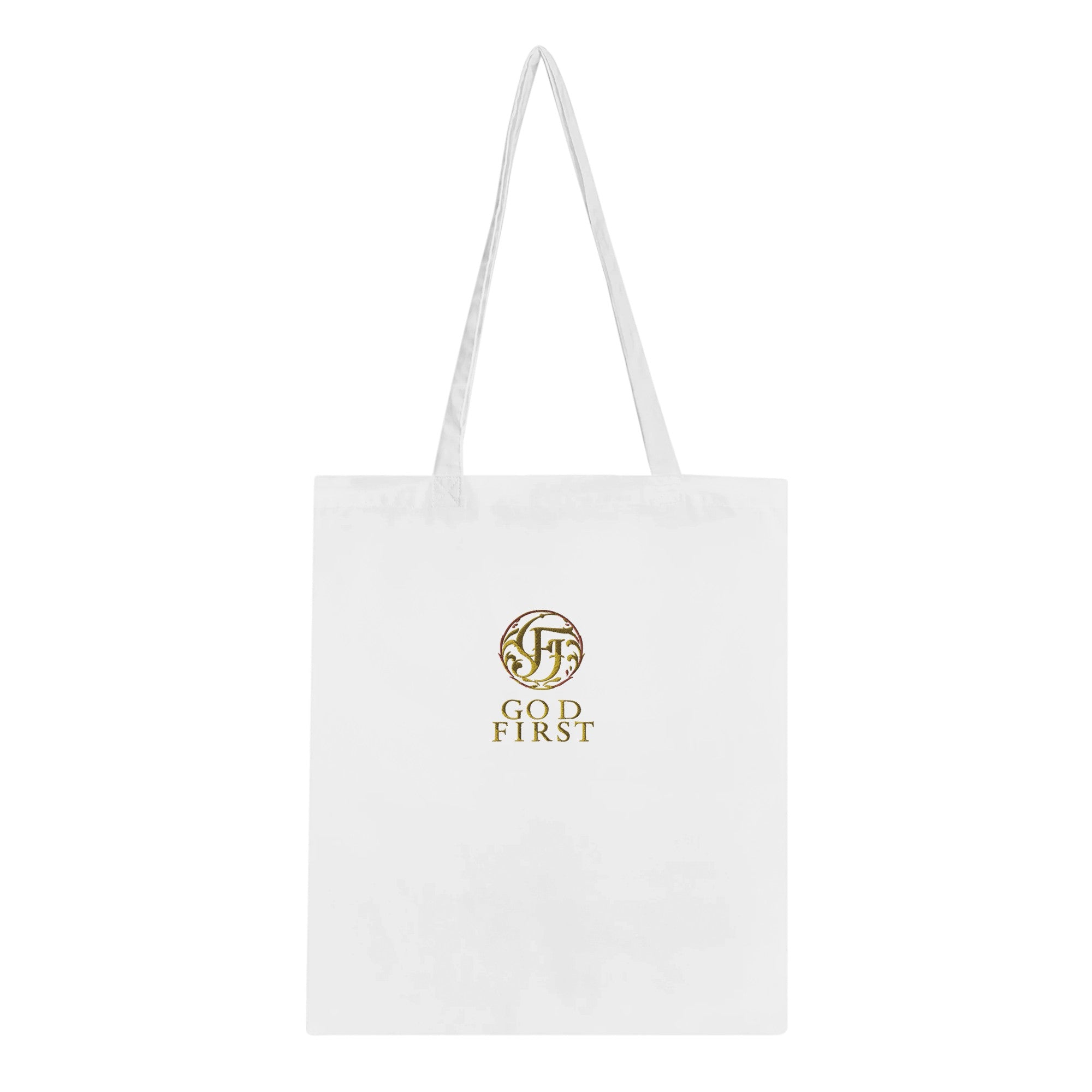 White tote bag with gold logo and text on a white background