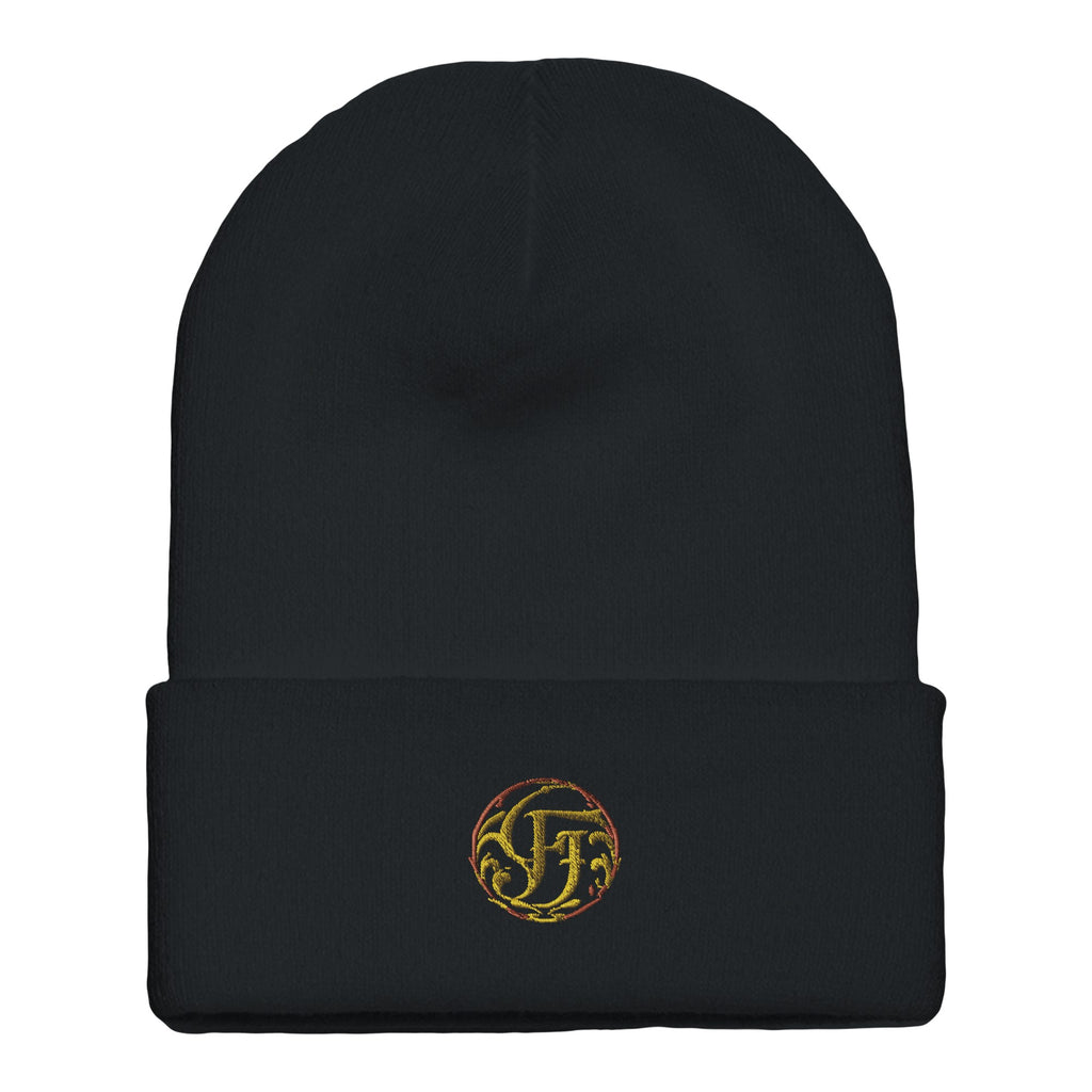 Black beanie with a logo on a white background