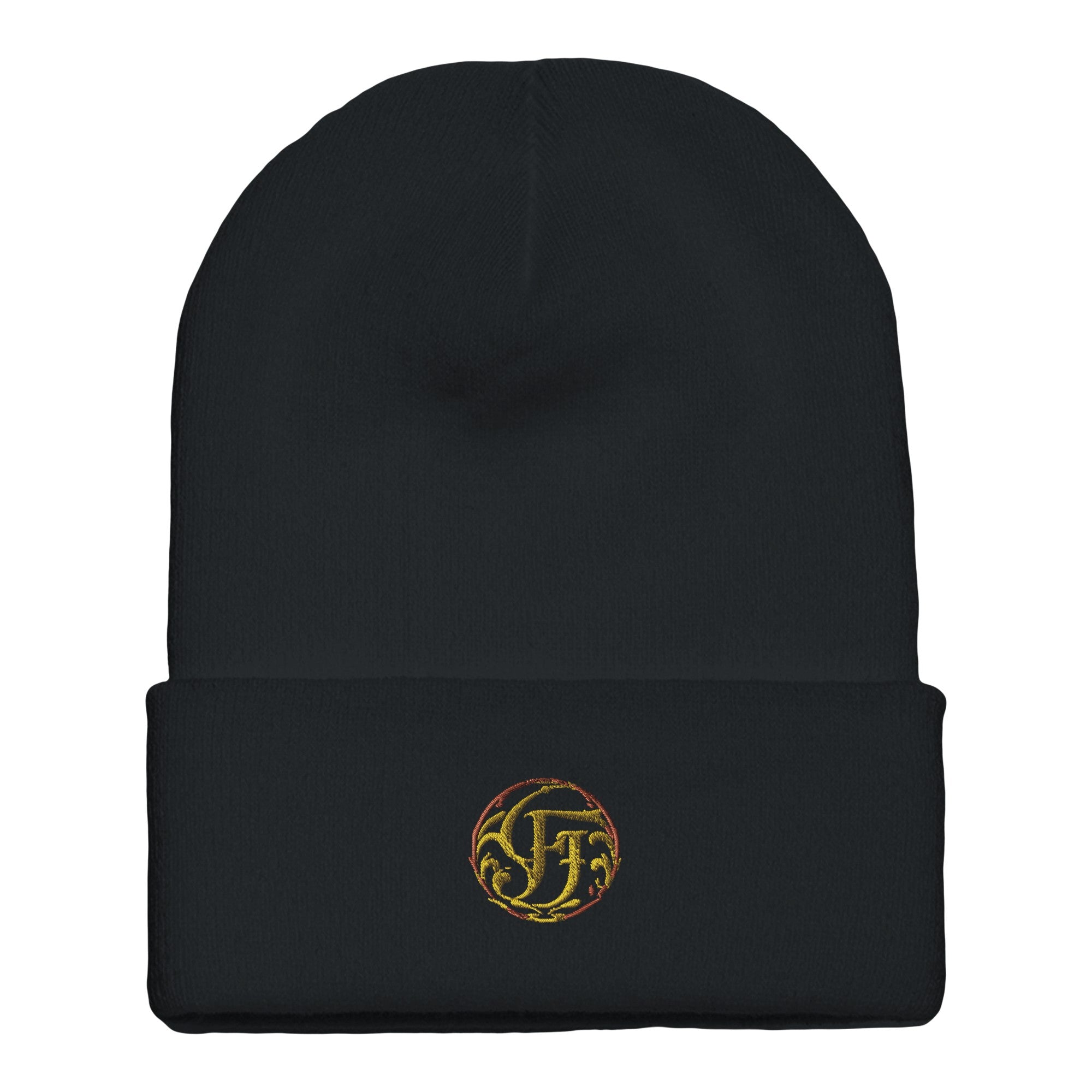 Black beanie with a logo on a white background