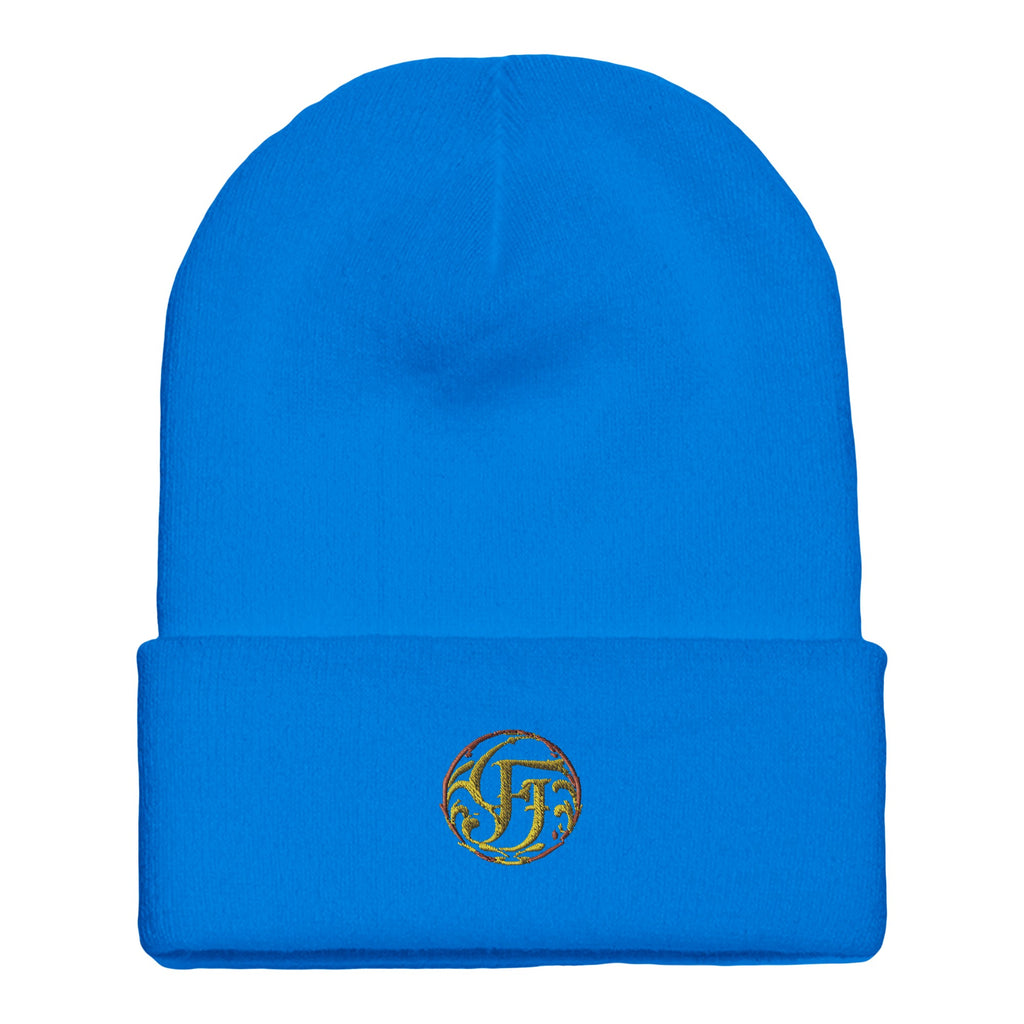 Blue beanie with a logo on a white background