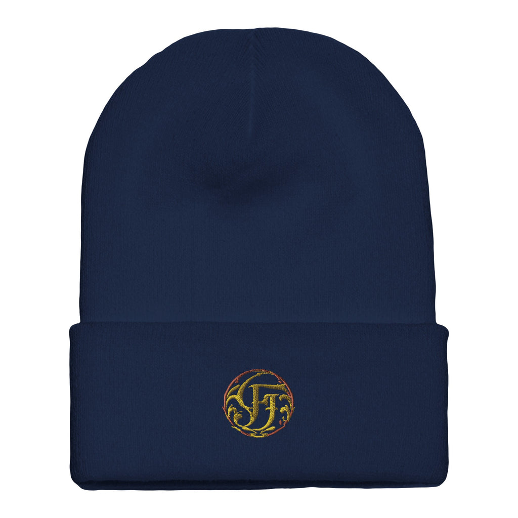Navy blue beanie with a logo on a white background
