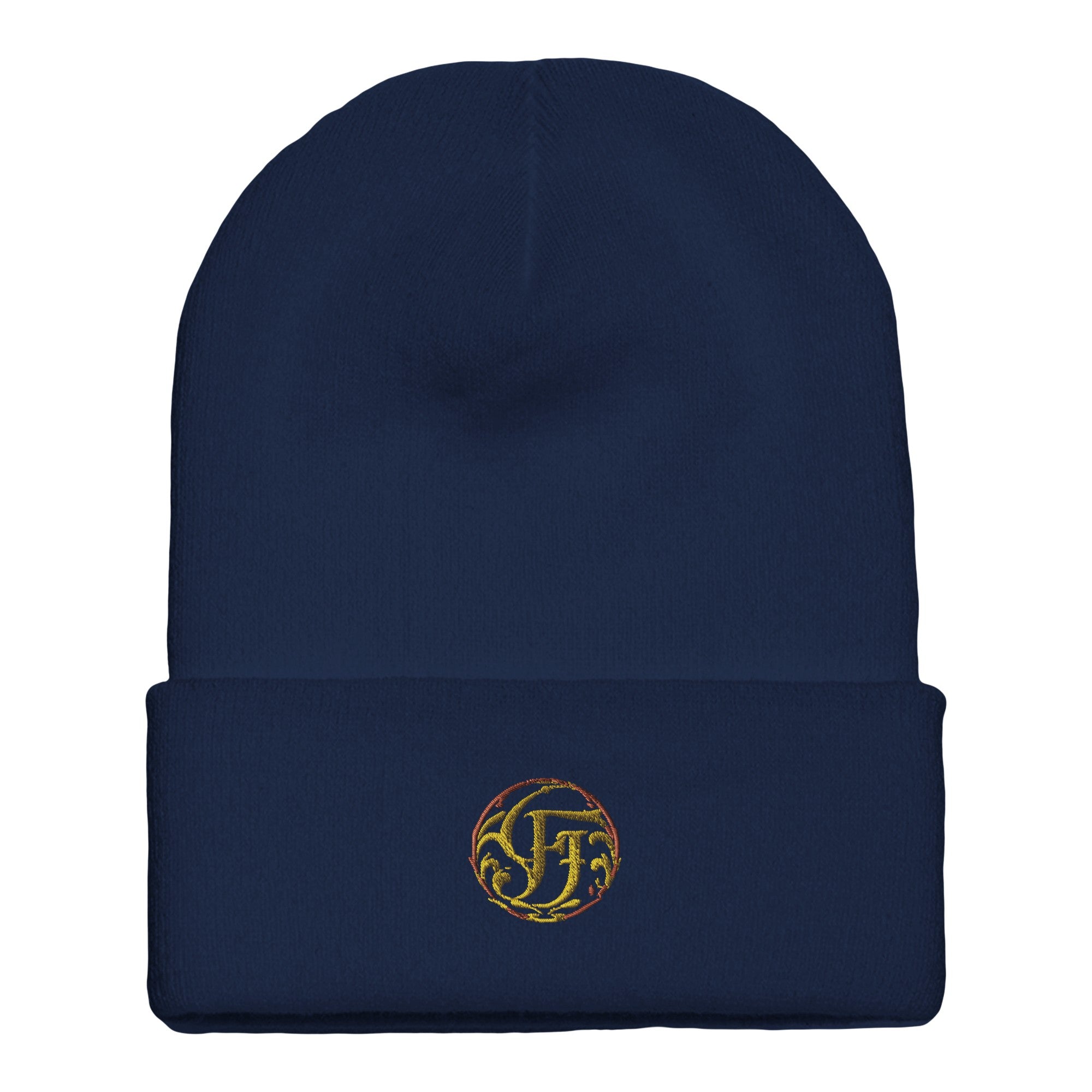 Navy blue beanie with a logo on a white background