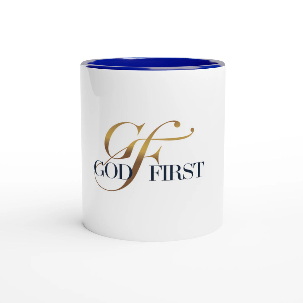 White mug with blue interior and 'GOD FIRST' text on a white background