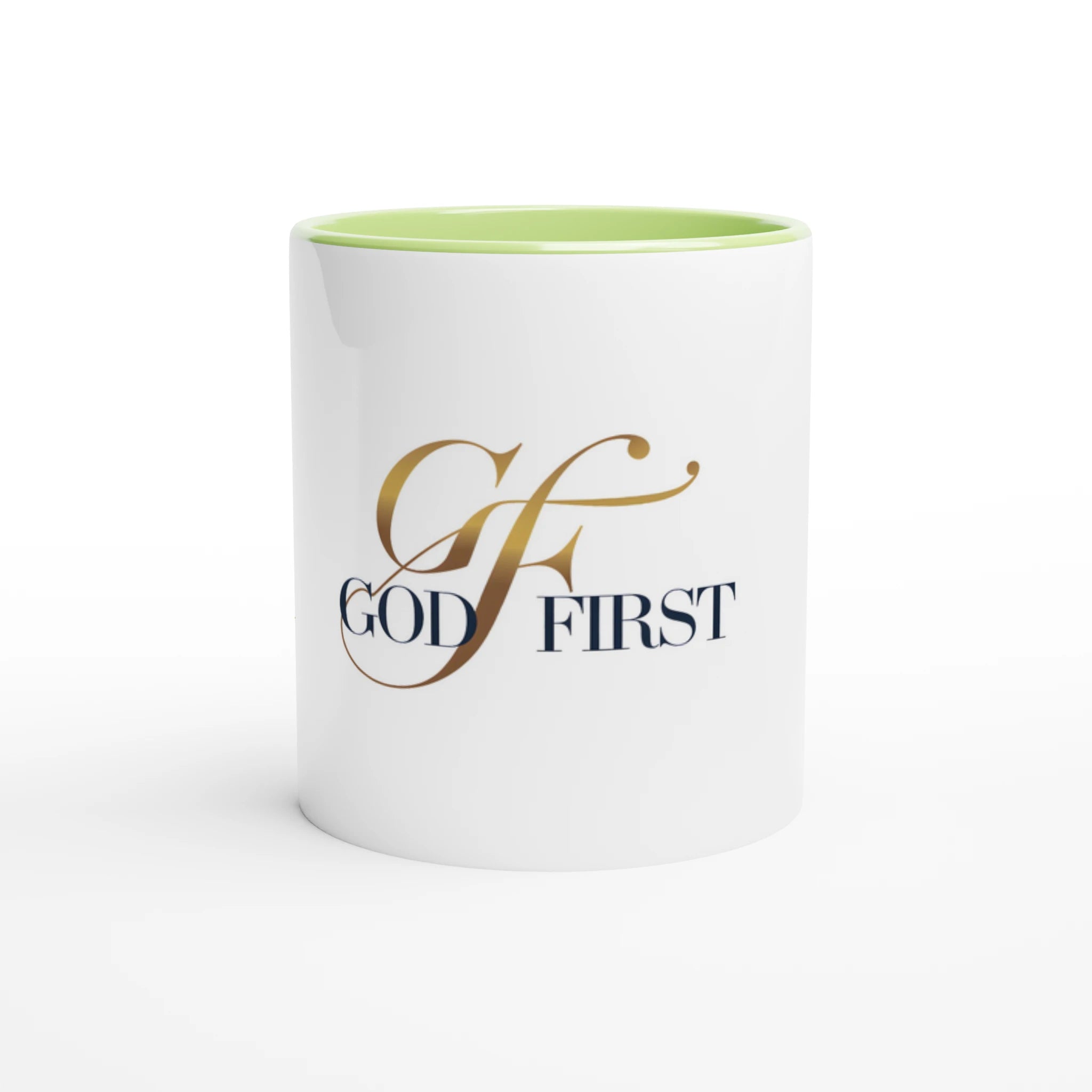 White mug with 'GOD FIRST' text on a white background