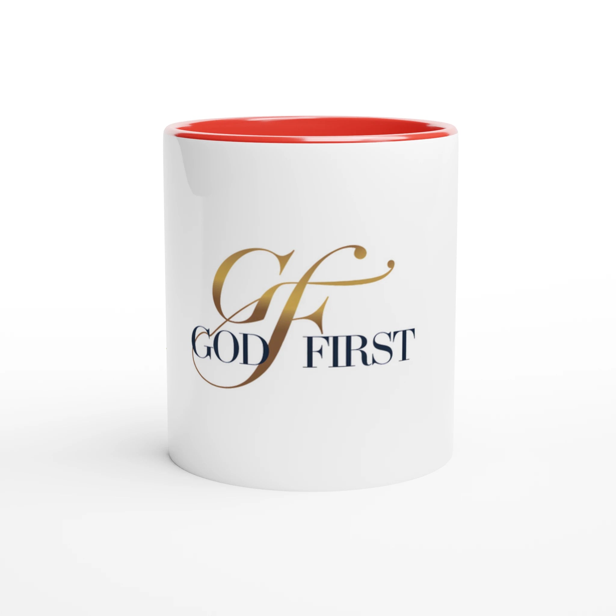 White mug with red interior and 'GOD FIRST' text on a white background