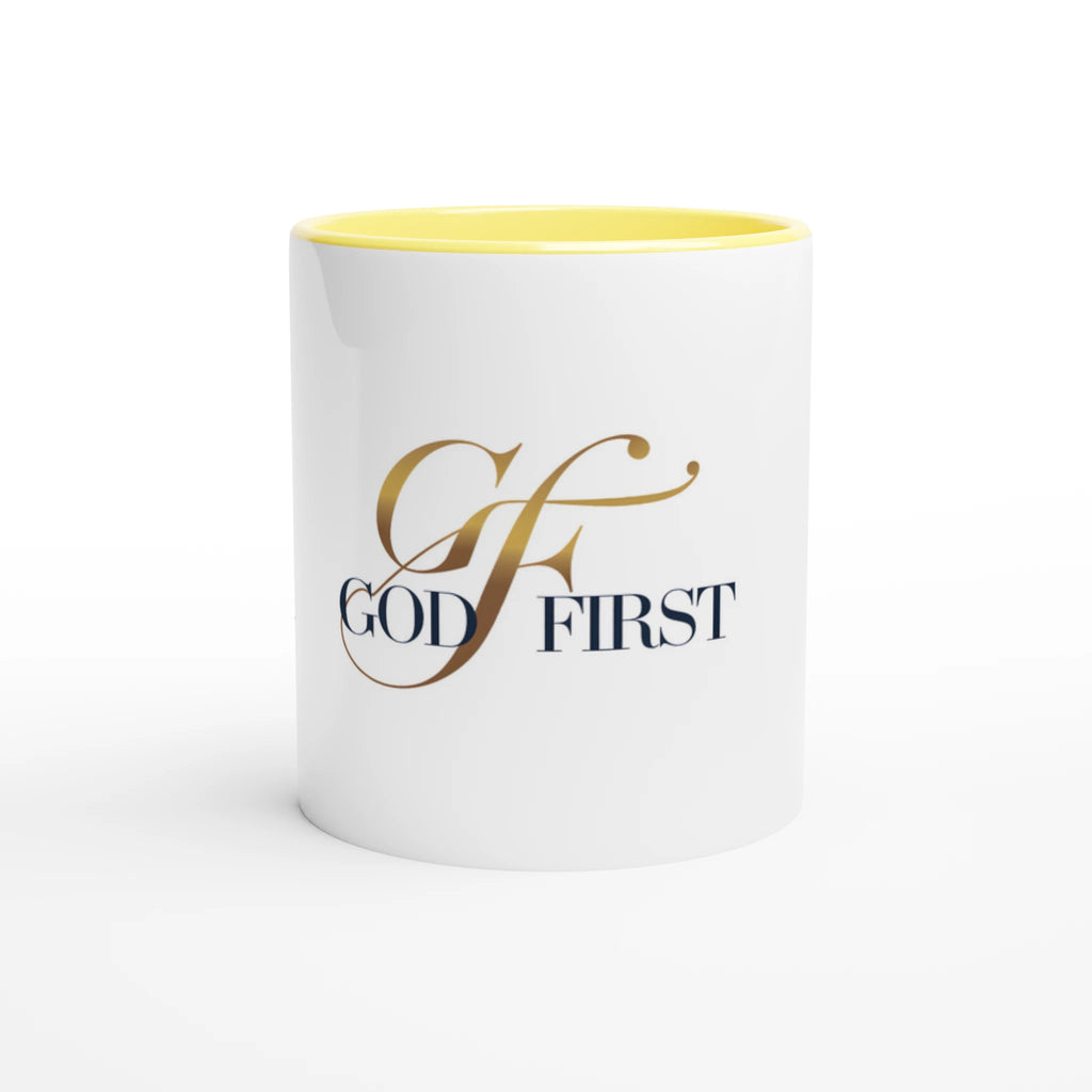 White mug with yellow interior and 'GOD FIRST' text on a white background