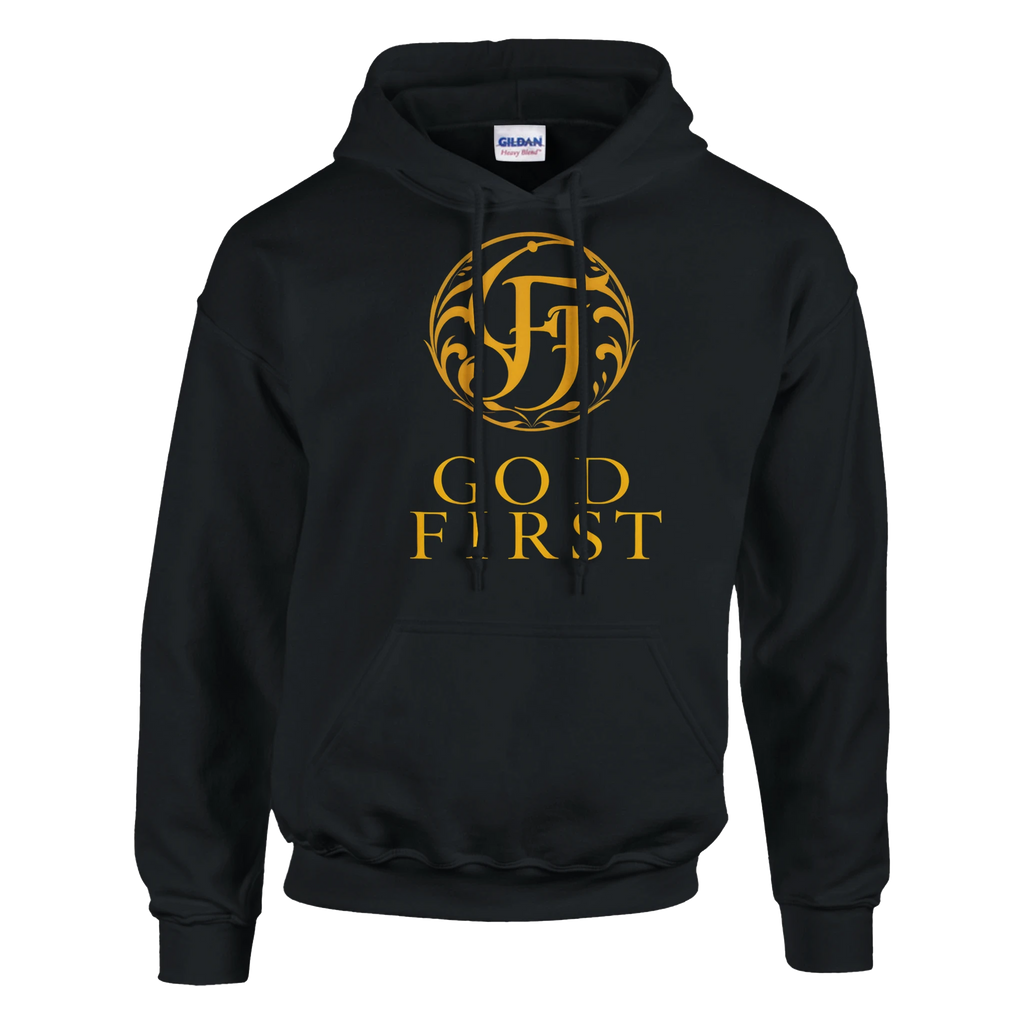 Black hoodie with gold logo and text on a white background
