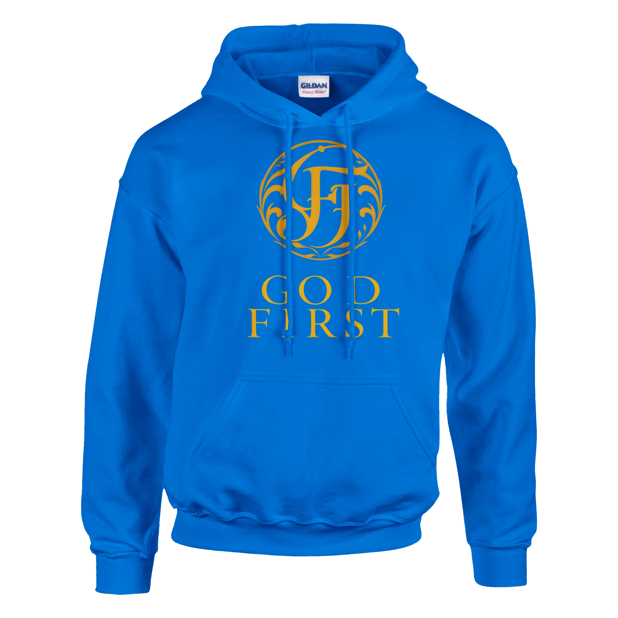 Blue hoodie with gold logo and text on a white background