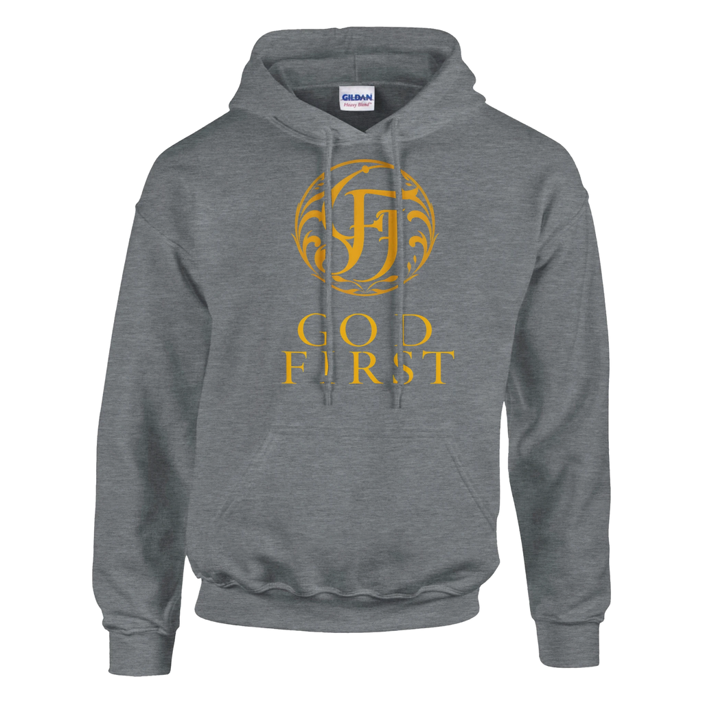 Gray hoodie with gold logo and text on a white background
