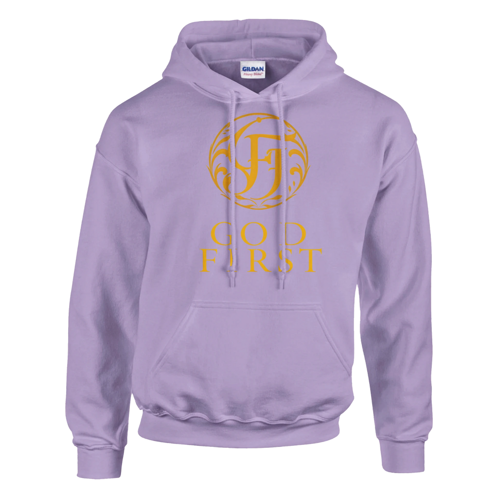 Purple hoodie with gold logo and text on a white background