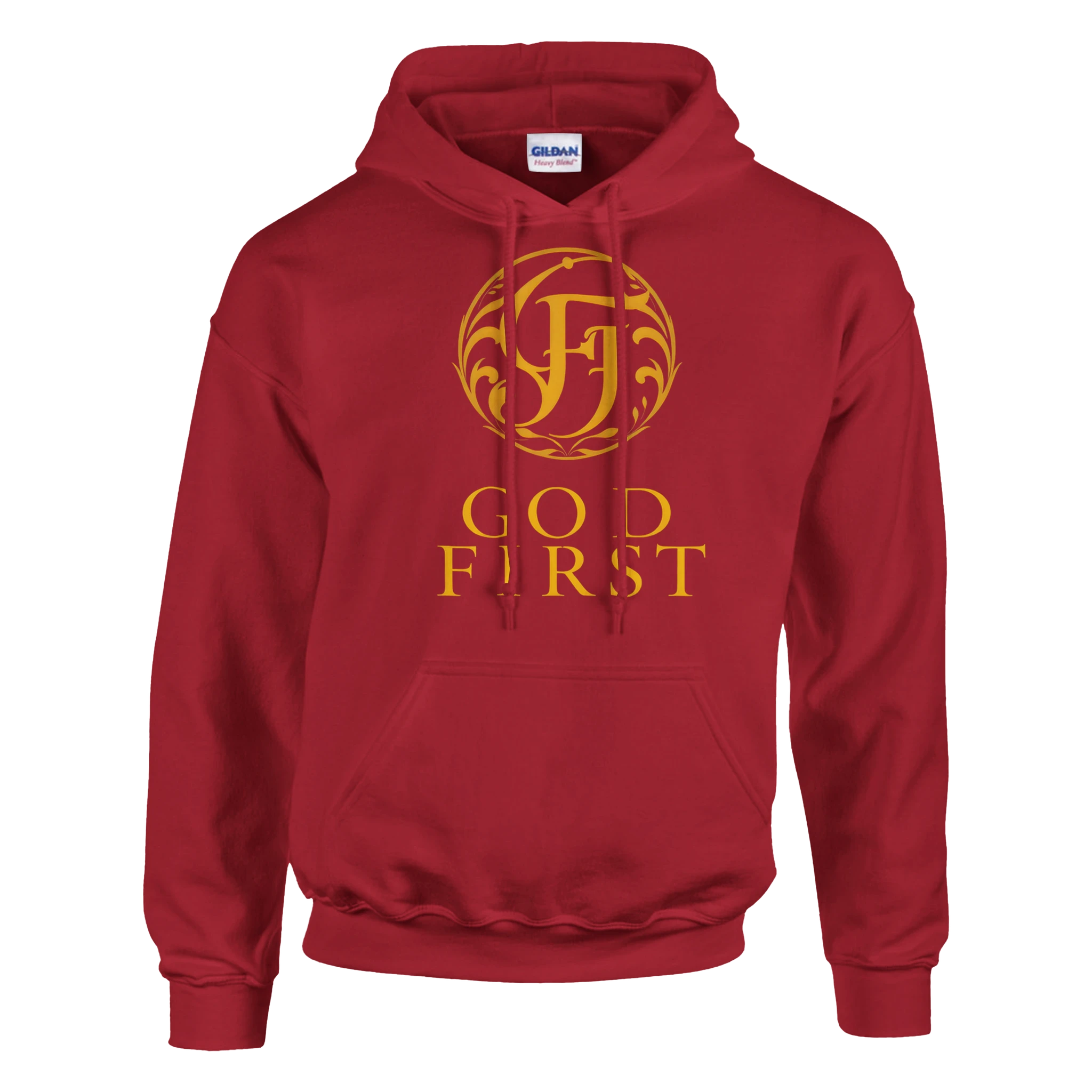 Red hoodie with gold logo and text on a white background