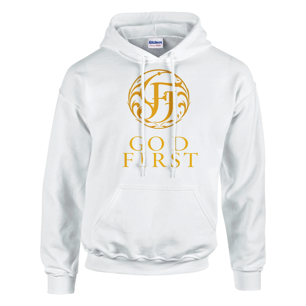 White hoodie with gold logo and text on a white background