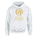 White hoodie with gold logo and text on a white background