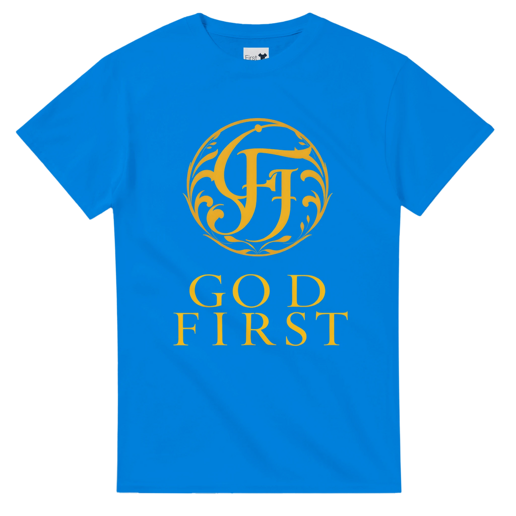 Blue t-shirt with gold logo and text on a white background