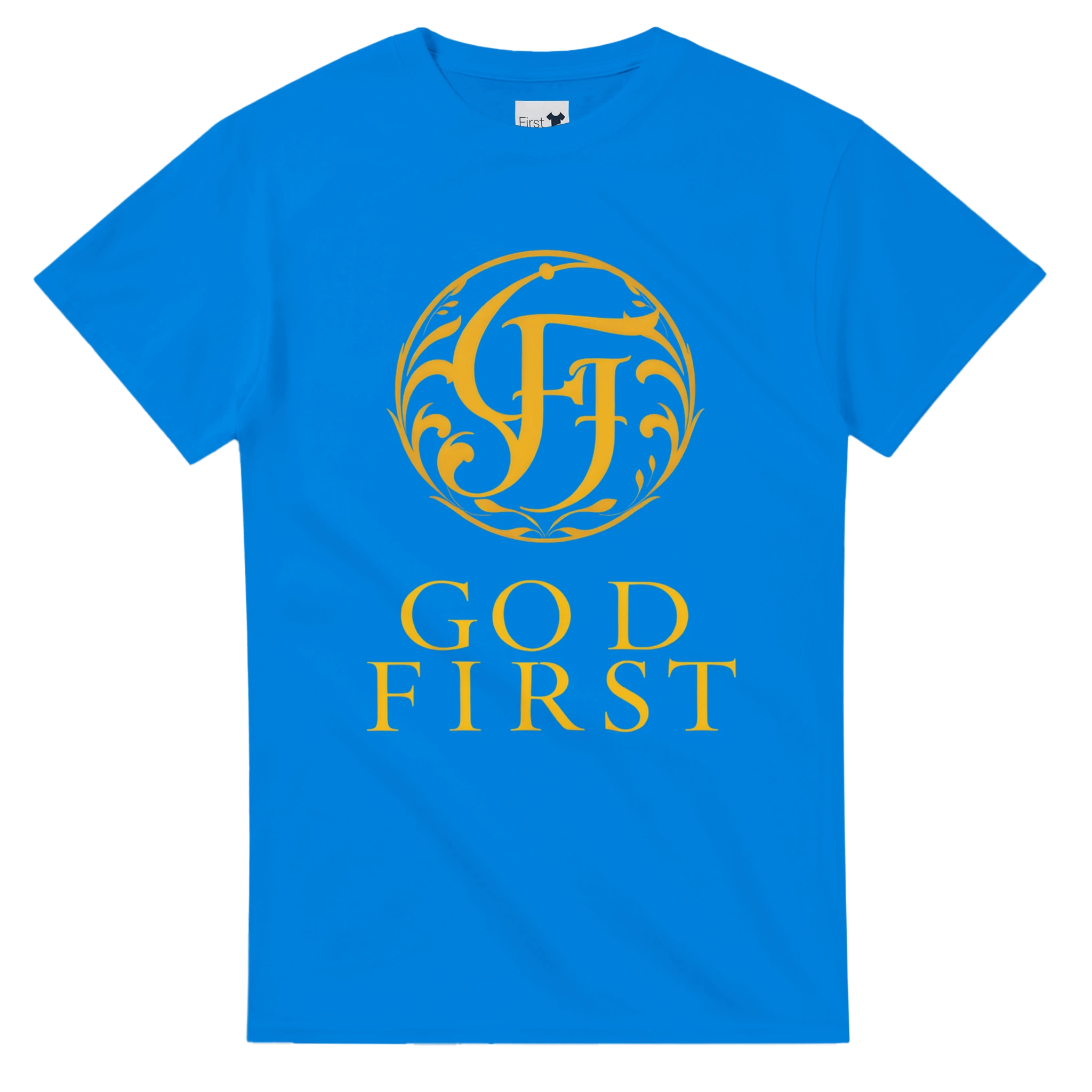 Blue t-shirt with gold logo and text on a white background