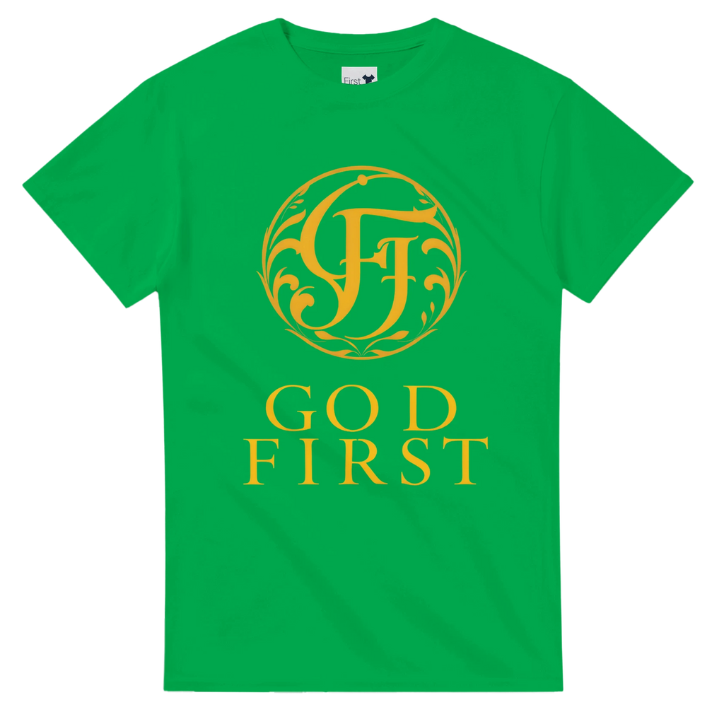 Green t-shirt with gold logo and text on a white background