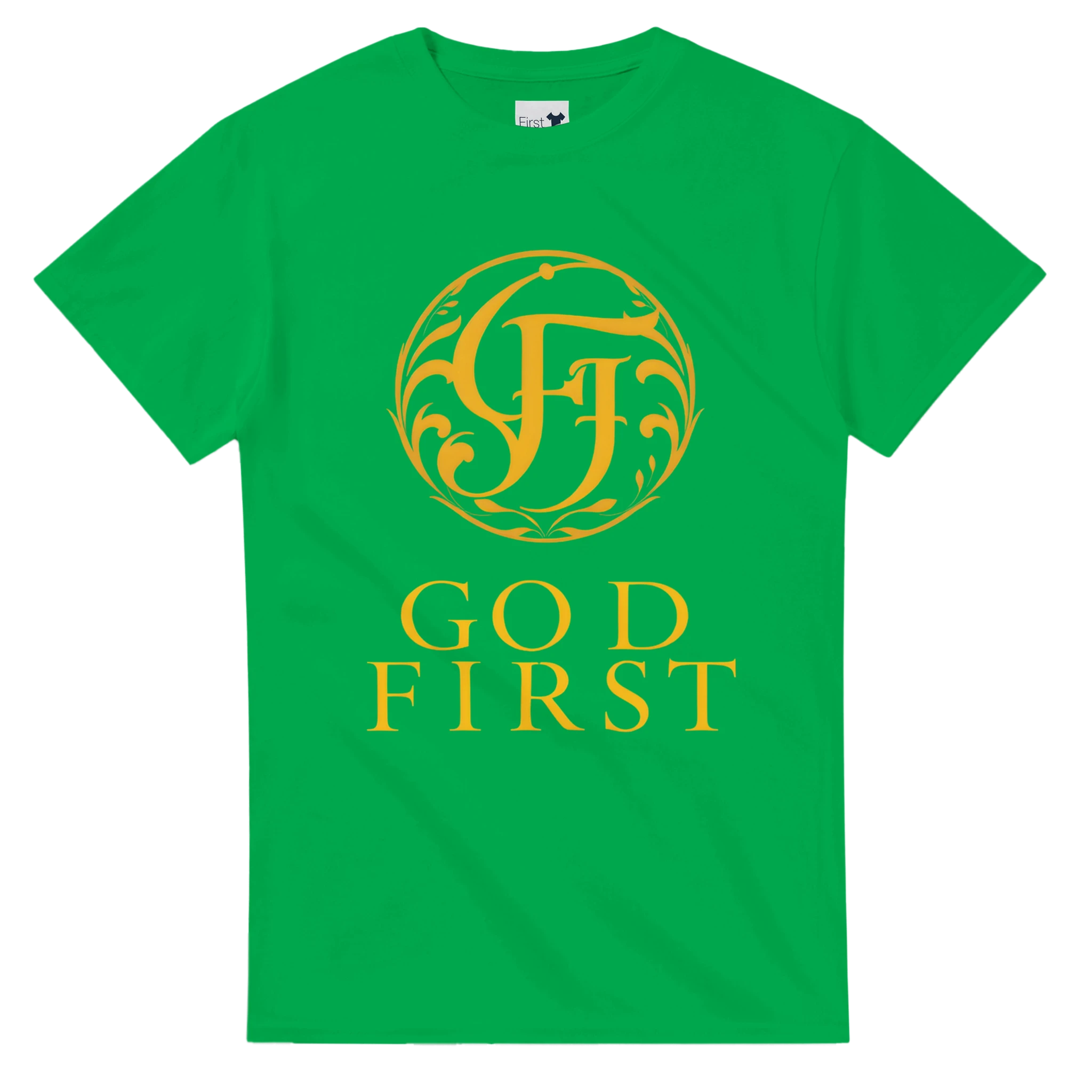 Green t-shirt with gold logo and text on a white background