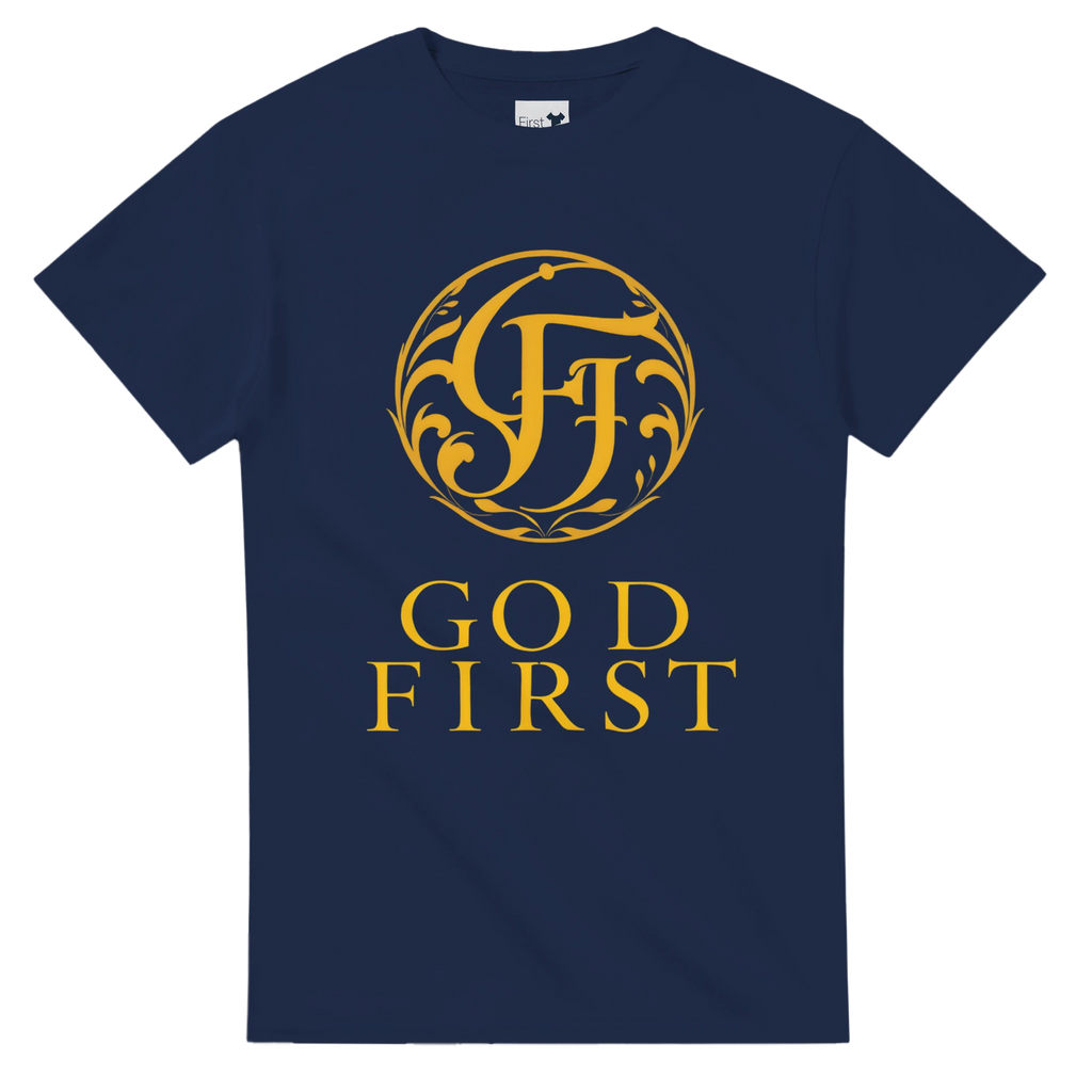 Navy blue t-shirt with gold logo and text on a white background