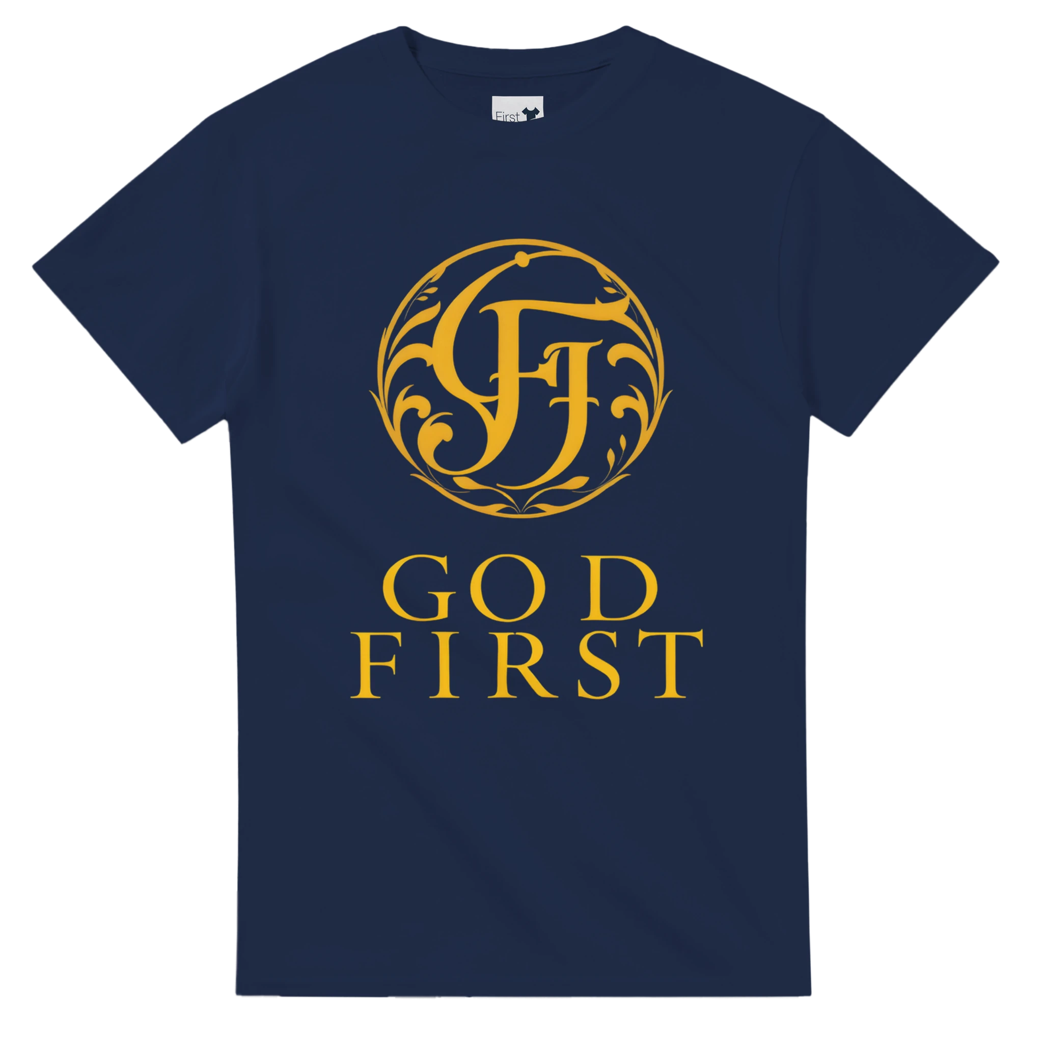 Navy blue t-shirt with gold logo and text on a white background