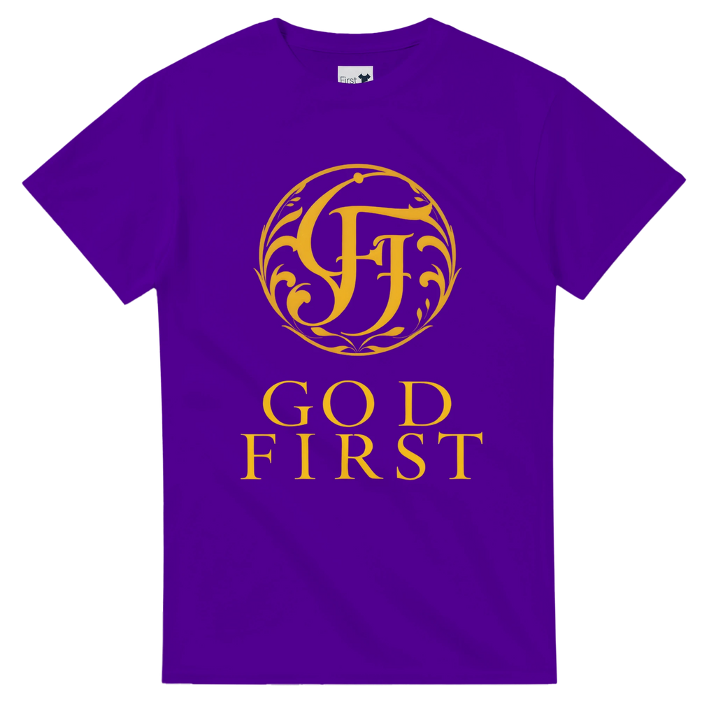 Purple t-shirt with gold logo and text on a white background