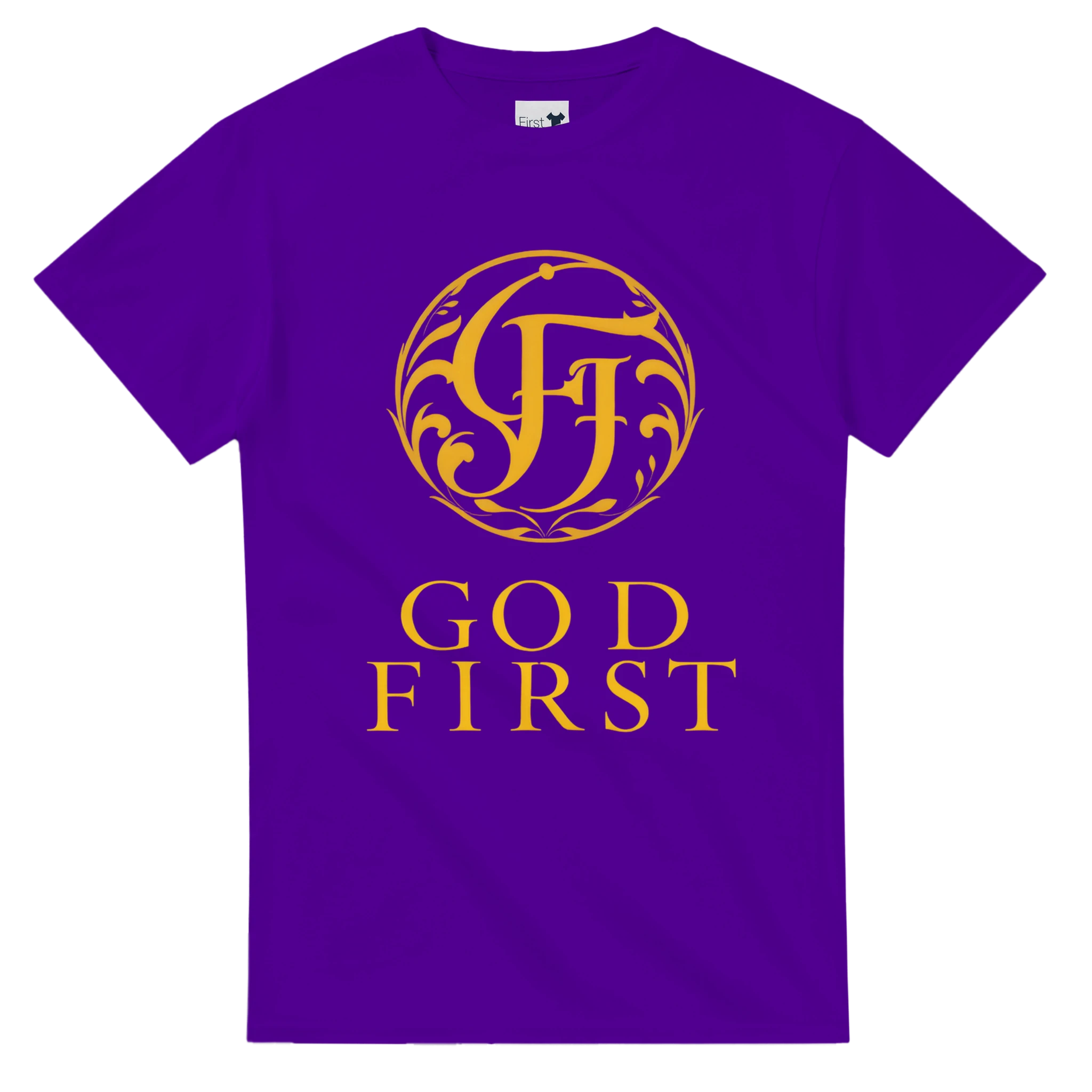 Purple t-shirt with gold logo and text on a white background