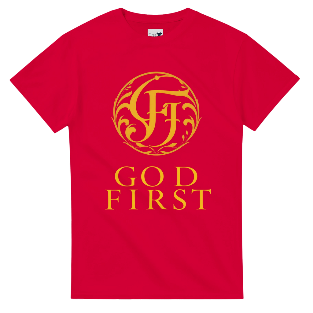 Red t-shirt with gold logo and text on a white background