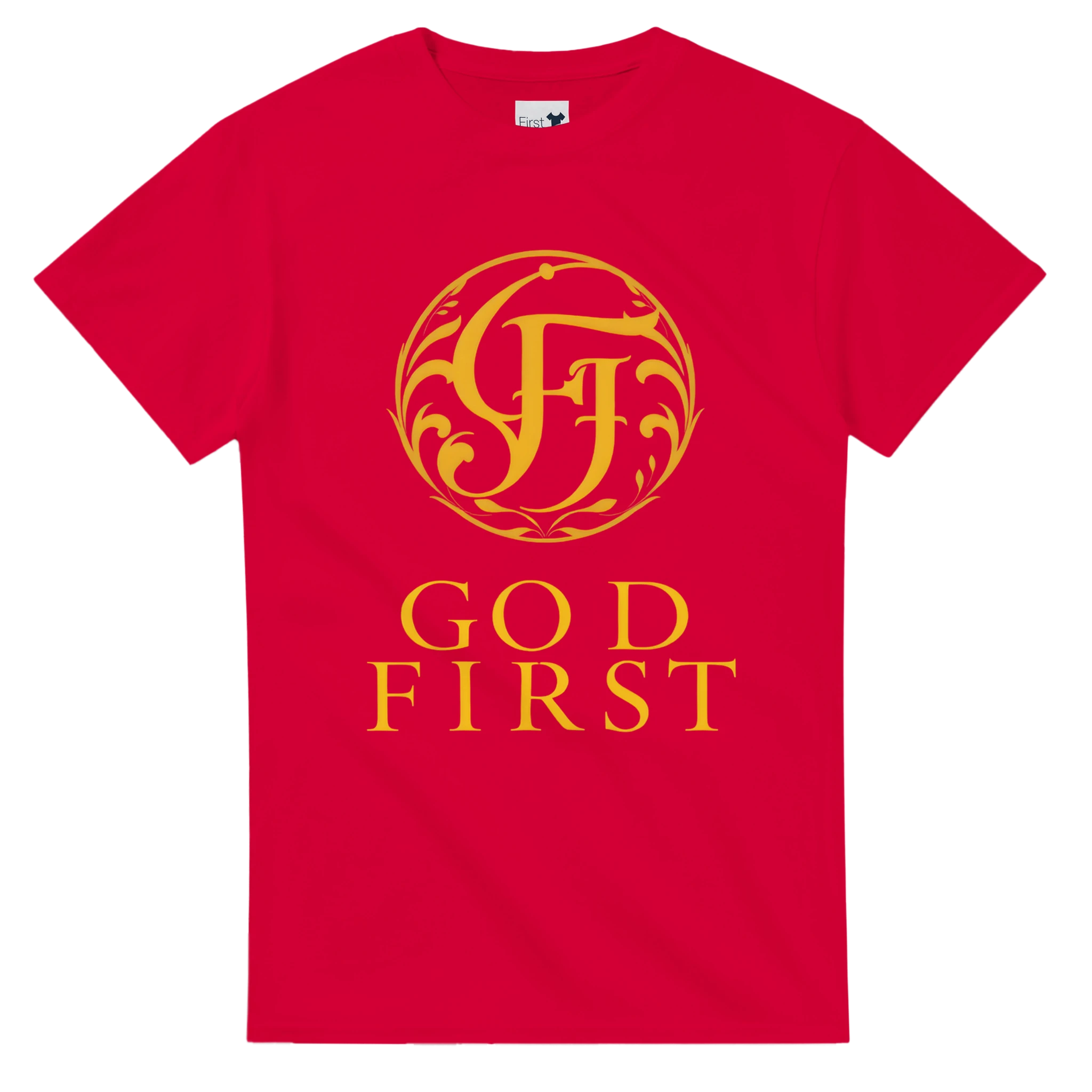 Red t-shirt with gold logo and text on a white background