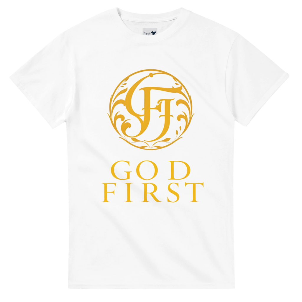 White t-shirt with gold logo and 'GOD FIRST' text on a white background