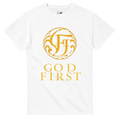 White t-shirt with gold logo and 'GOD FIRST' text on a white background